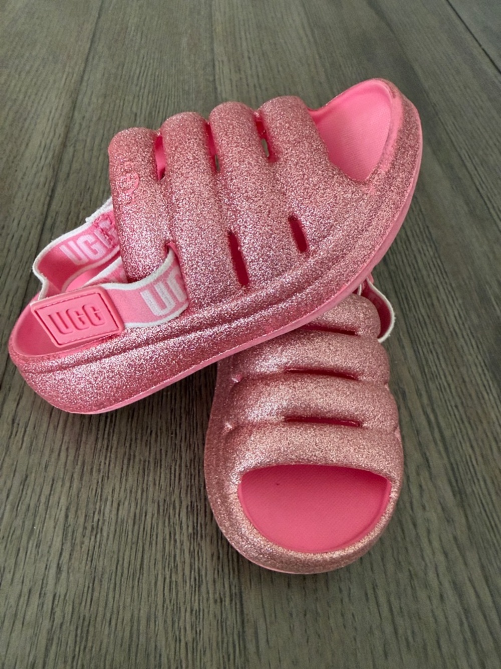 UGG Kids Glitter Pink Slide Sandals with Elastic Heel Strap